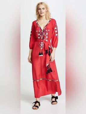 NWT Figue Luxury Embroidered Silk Wrap Caftan Dress Red Boho $1295 MSRP